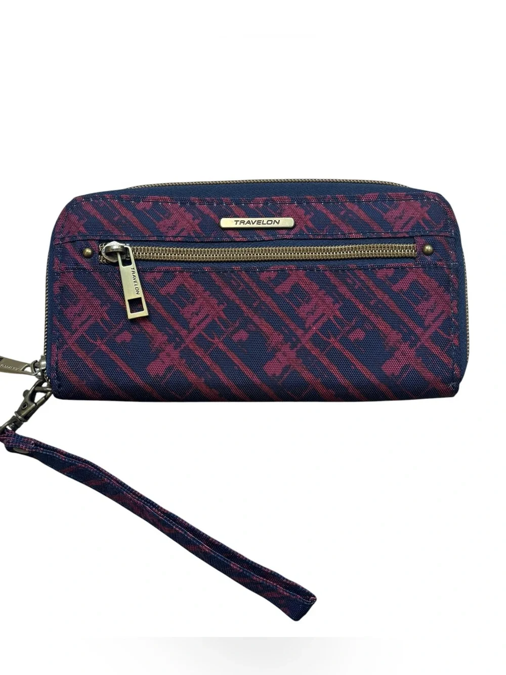 Travelon‎ Burgundy Navy Splash RFID Blocking Zip Around Clutch Wallet